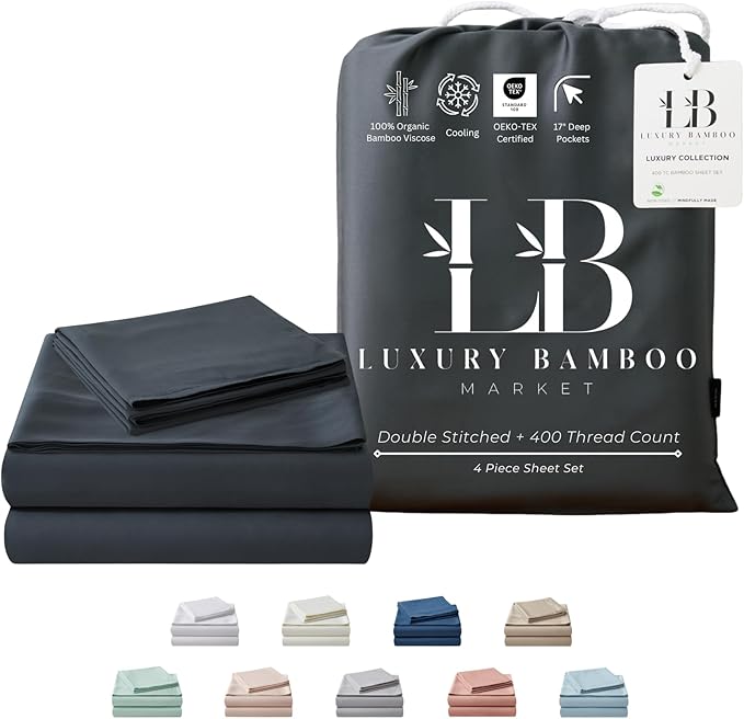 Luxury Bamboo Market | King Size Bed Sheet Set | 100% Viscose Made from Bamboo | Organically Grown | Ultra Soft | Cooling Sheets for Hot Sleepers | 17" Deep Pocket [Charcoal Grey]