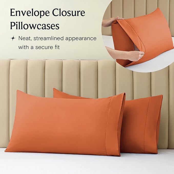 LuxClub 4 PC Full Sheet Set, Deep Pockets Wrinkle Free Cooling Bed Sheets Hotel Bedding for Women, Men, Kids & Teens, Includes 1 Fitted Sheet, 1 Flat Sheet and 2 Pillowcases-Autumn Orange