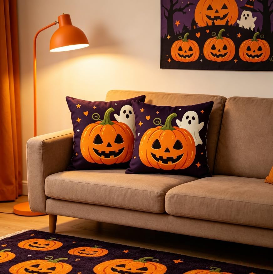 Halloween Decorations Throw Pillow Covers, Jack-O-Lantern Pumpkin and Ghost - Image 4