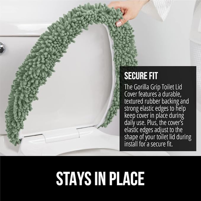GORILLA GRIP Soft Chenille Bathroom Toilet Lid Cover, Machine Washable Seat Covers, 19.5x18.5, Stays in Place Rubber Backing, Fits Most Round, Elongated and Oblong Lids, Accessories Decor, Sage Green