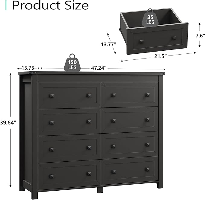 Dresser for Bedroom with 8 Drawers, Farmhouse Wood Chest of Drawers, Wide TV Stand Closet Storage Furniture with Metal Handle, Modern Clothes Organizer for Hallway, Living Room, Entryway, Black