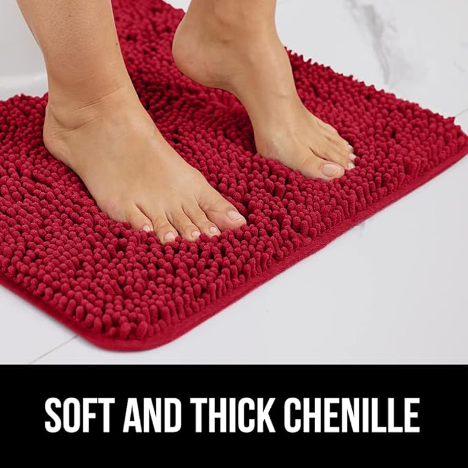 GORILLA GRIP Bath Rug Mat, Thick Soft Absorbent Chenille, Quick Dry Microfiber Mats, Rubber Backing Washable Shower Floor Rugs, Bathmat Runner, US Designed Bathroom Home Decor Accessories 24x17, Red
