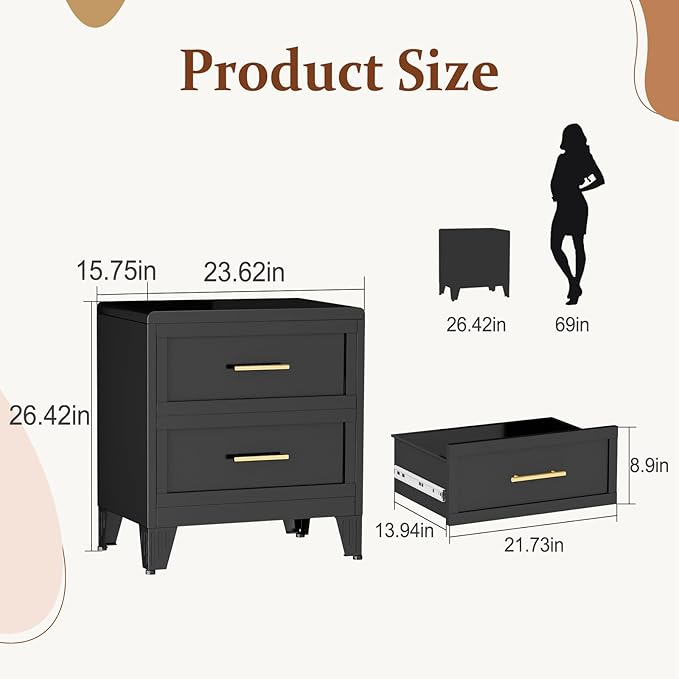 Metal Dresser for Bedroom, Small Dresser with Drawers, 2 Dressers & Chests of Drawers with Curved Corner, Storage Cabinet for Nightstand, Living Room, Hallway, Entryway (Black, 24" W)