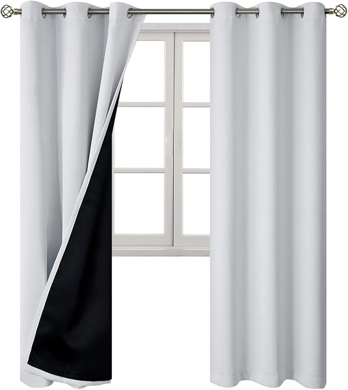 BGment Thermal Insulated 100% Blackout Curtains for Bedroom with Black Liner, Double Layer Full Room Darkening Noise Reducing Grommet Curtain (42 x 84 Inch, Greyish White, 2 Panels)
