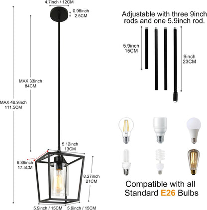 1-Light Black Pendant Light Fixture Farmhouse Iron Cage Metal Pendant Light Lantern Hanging Light Fixtures with Clear Glass Shade for Kitchen Island, Entryway, Dining Room, Hallway 5.9*5.9*8.27IN