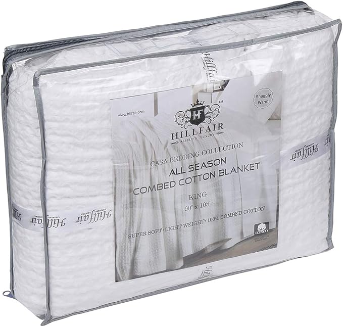 HILLFAIR 100% Combed Cotton Blanket– King Size Bed Blankets– Warm Soft All Season Breathable Lightweight Summer Blankets– Waffle Weave Home Decor Bed Blanket- White King Bed Cotton Blankets/Bedcovers