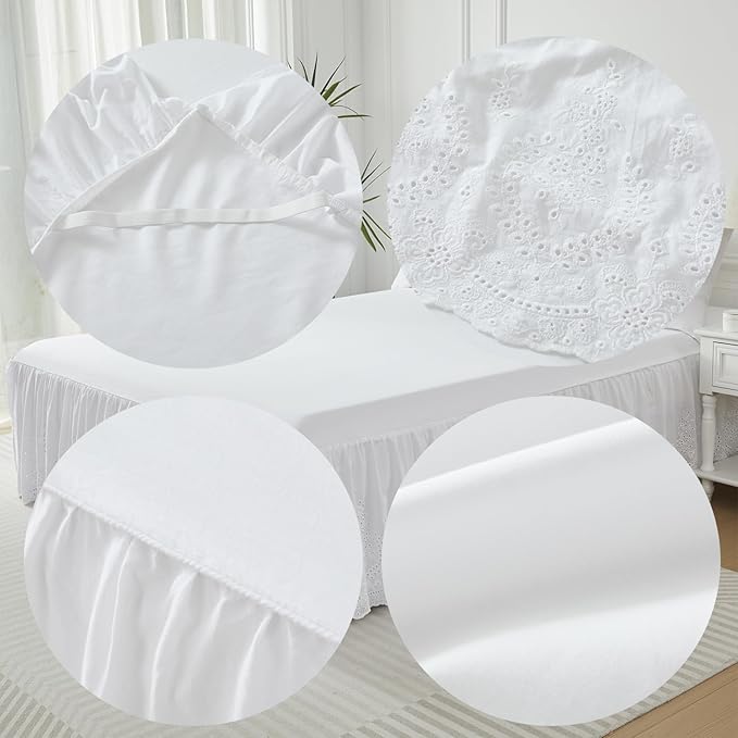 Brandream White Eyelet Bed Skirt King Size 100% Cotton Ruffled Dust Ruffle Bed Skirt 18 Inch Drop with Embroidered Floral Design Queen Size Beds