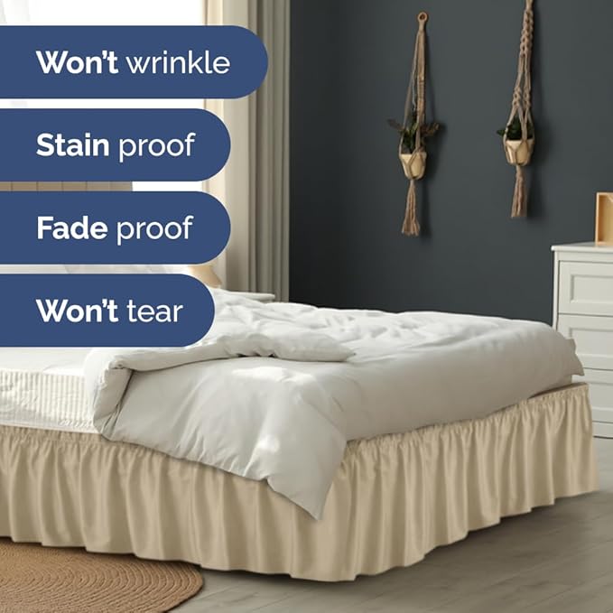 Wrap Around Dust Ruffle Bed Skirt - Beige - for Queen Size Beds with 21 Inch Drop - Easy Fit Elastic Strap - Adjustable Pleated Bedskirt w/Brushed Fabric - Wrinkle Free - for Women, Men, Kids & Teens
