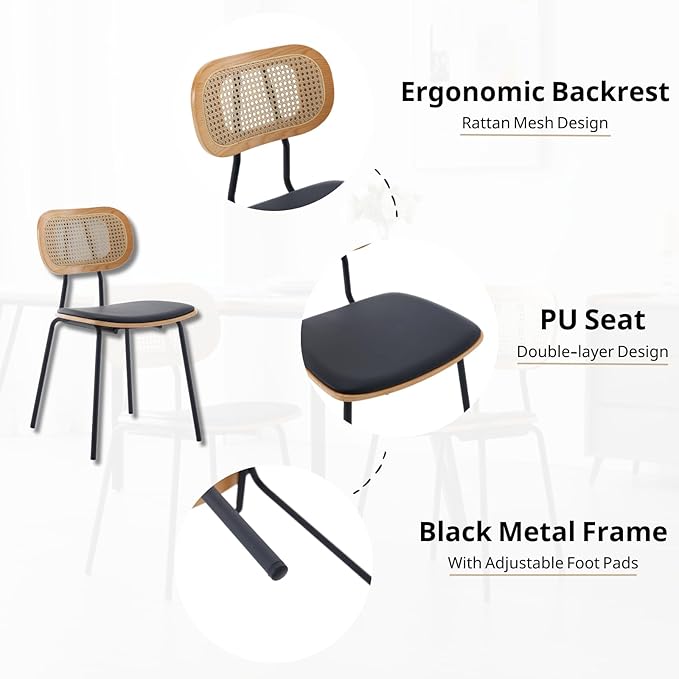 HEAH-YO Modern Dining Chairs Set of 6, Upholstered Faux Leather Dining Room Chairs with Rattan Backrest and Metal Legs, Armless Kitchen Chairs for Dining Room, Black