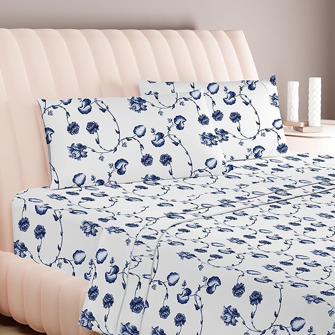 Carressa Linen Luxury Egyptian Cotton Queen Printed Sheet Set - 600 Thread Count Extra Long Staple 4 PC Set, Blossom Azure Queen Printed Sheets, Soft, Cooling Sheets Upto 18 in Deep Pocket