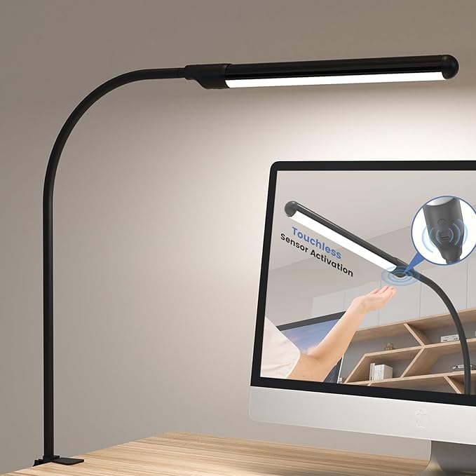 Hand-Wave LED Desk Lamp with Clamp, Touchless On/Off, Color Temperature Adjustable 3000K-6500K, Flicker-Free Eye-Caring Reading Light, Clip-On Desk Light for Home Office/Study/Monitor/Desk (110V)