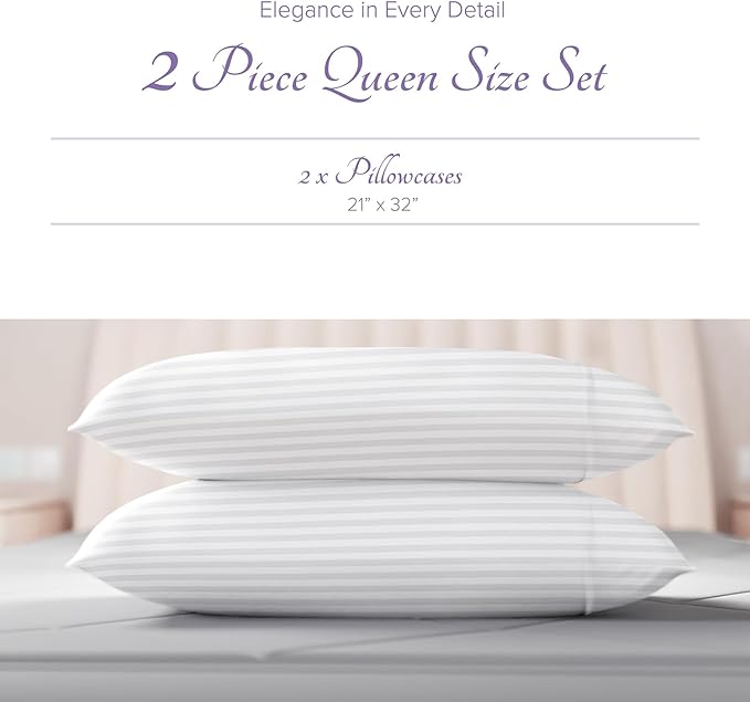 Carressa Linen 100% Egyptian Cotton Pillow Cases Queen Size Set of 2 - Luxury 600 Thread Count Stripe White Standard/Queen Size Pillowcases, Silky Soft, Cooling Hotel Quality Damask Pillow Cover