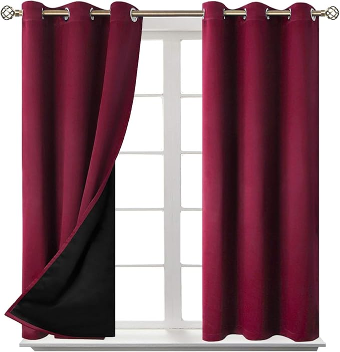 BGment Short 100% Blackout Curtains for Bedroom, Thermal Insulated Lined Energy Efficiency Noise Reducing Grommet Curtains 54 Inch Length for Small Window 2 Panels Each 42 Inch Wide, Burgundy Red