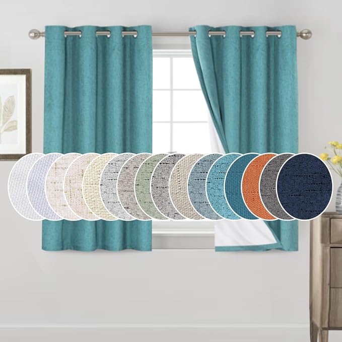 PrinceDeco Primitive Textured Linen 100% Blackout Curtains for Bedroom/Living Room Energy Saving Window Treatment Curtain Drapes, Burlap Fabric with White Thermal Insulated Liner (52 x 54 Inch, Teal)