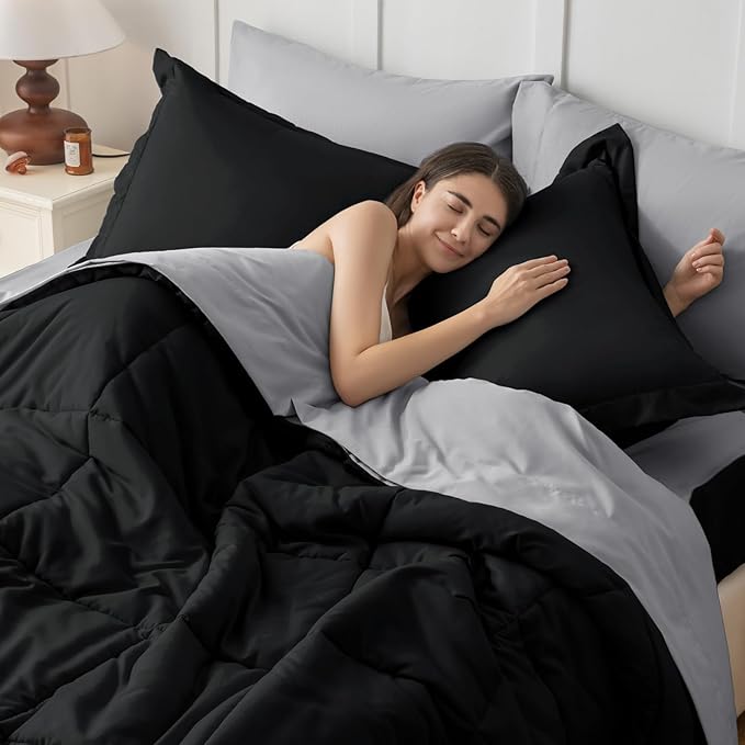 JOLLYVOGUE California King Comforter Set, Ultra-Soft Cal King Bed Comforter Set, 7-Piece Bed in a Bag, Goose Down Alternative, Oeko-TEX Certified, Sheets & Pillowcases, Black & Light Grey