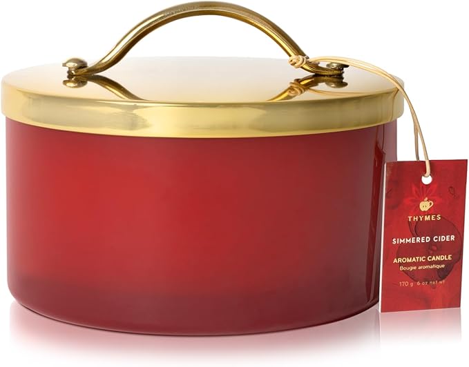 Thymes Simmered Cider Harvest Red 4-Wick Candle – Warm & Spicy Scented Candle with Notes of Freshly Pressed Apple, Clove, & Cardamom – Luxury Home Fragrance – Fall Decor – Red with Gold Lid (21 oz)