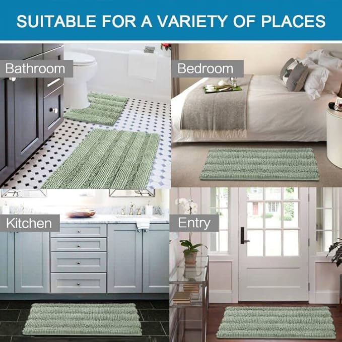 H.VERSAILTEX Bathroom Rugs Bath Rug Set 2 Piece Bathroom Contour Rug Toilet Mat Sets Non Slip Contour Bath Rug Ultra Thick Water Absorbent Striped Bath Mats Washable(36" x 24" Plus 20" x 24" U, Sage)