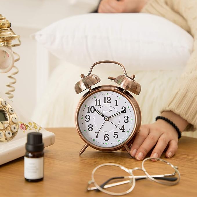 {Loud Alarm for Deep Sleepers) 4'' Twin Bell Alarm Clock with Backlight for Bedroom and Home Decoration(Red-Brown)