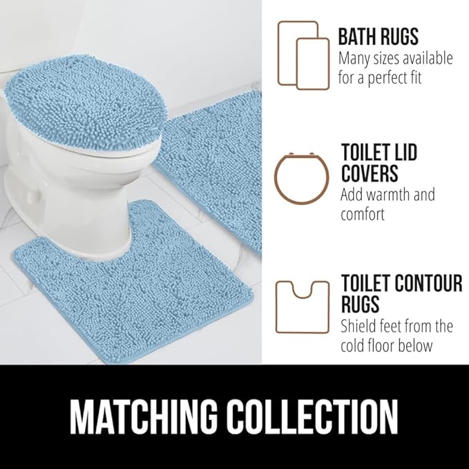 GORILLA GRIP Plush Absorbent Shaggy Chenille Bath Rug Mat for Square Toilet Base with Rubber Backing, Machine Washable Rugs, Soft Microfiber Contour Mats for Toilets, Bathroom Decor, Sky