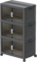 Stackable Storage Bins with Lids Open Front, 155Qt Large Plastic Foldable Containers for Clothes, 3 Pack Multifunctional Collapsible Storage Boxes for Home, Pantry, Office (S, Gray 3-Tier)