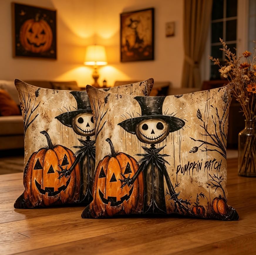 Halloween Throw Pillow Covers, Pumpkin Ghost Skeleton Design, 18x18 Inch - Image 4