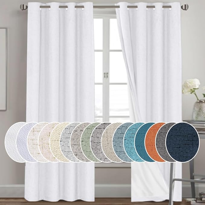 PrinceDeco Blackout Curtains 84 Inches Long Linen Blackout Curtains for Bedroom Light-Blocking Sleep Enhancers Anti-Rust Grommet Drapes with White Liner, W52 x L84 inch, Pure White