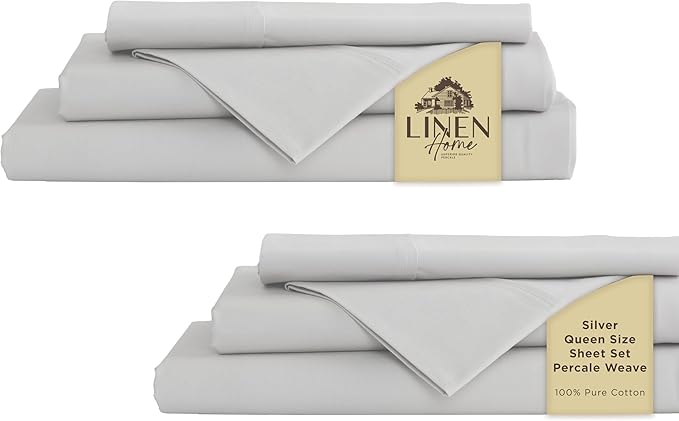 Linen Home 100% Cotton Percale Sheet Set Pack of 2, Queen Size, Silver, Deep Pocket, 8 Pieces Set - 2 Flat, 2 Deep Pocket Fitted Sheet and 4 Pillowcases, Crisp Cool and Strong Bed Linen