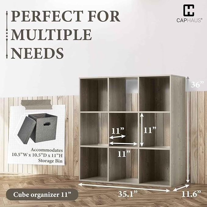 CAPHAUS Sturdy Room 11-Inch Cube Storage Organizer Shelf, with Thick Exterior Edge, Storage Shelf Divider w/Back, Bookcase, 9-Cube, Rustic Grey Oak