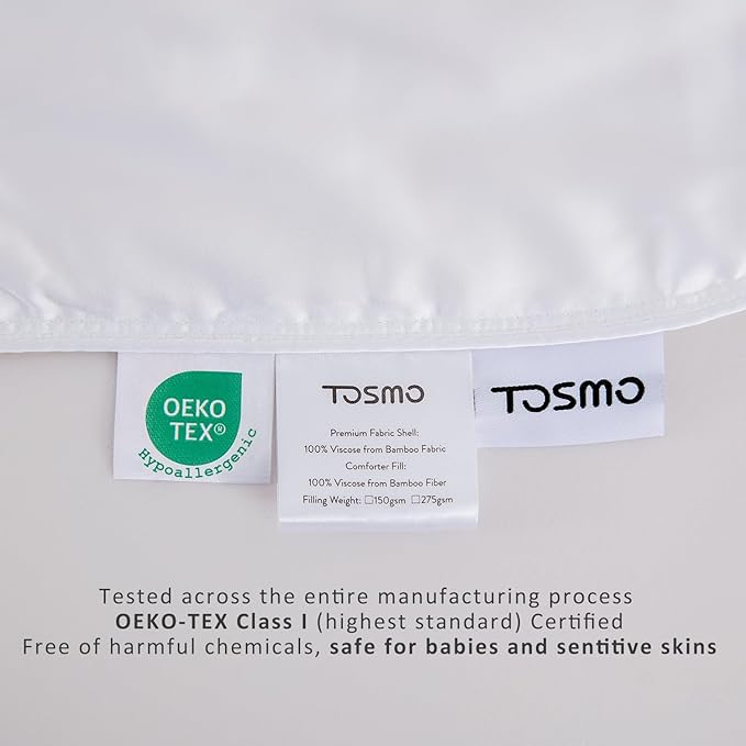 TOSMO Luxury Comforter, 100% Viscose from Bamboo Shell & Fill, Soft Breathable Cooling Silky Duvet Insert, Down Alternative Blanket for Restful Sleep (Queen, Light Weight White)