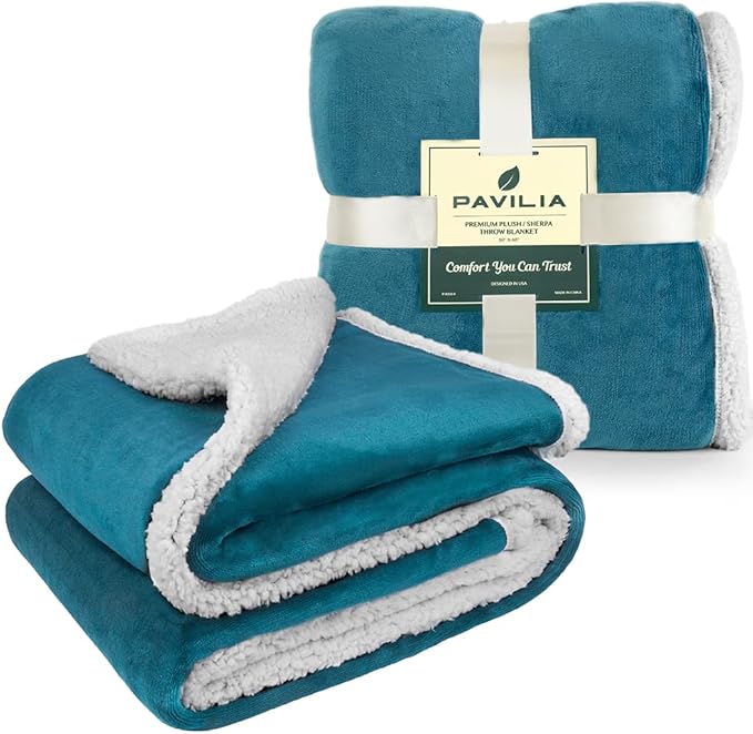 PAVILIA Sherpa Fleece Throw Blanket for Couch, Teal Blue, Plush Soft Fuzzy Sofa Blanket, Cozy Reversible Winter Throw for Women Men, 50x60 Inches