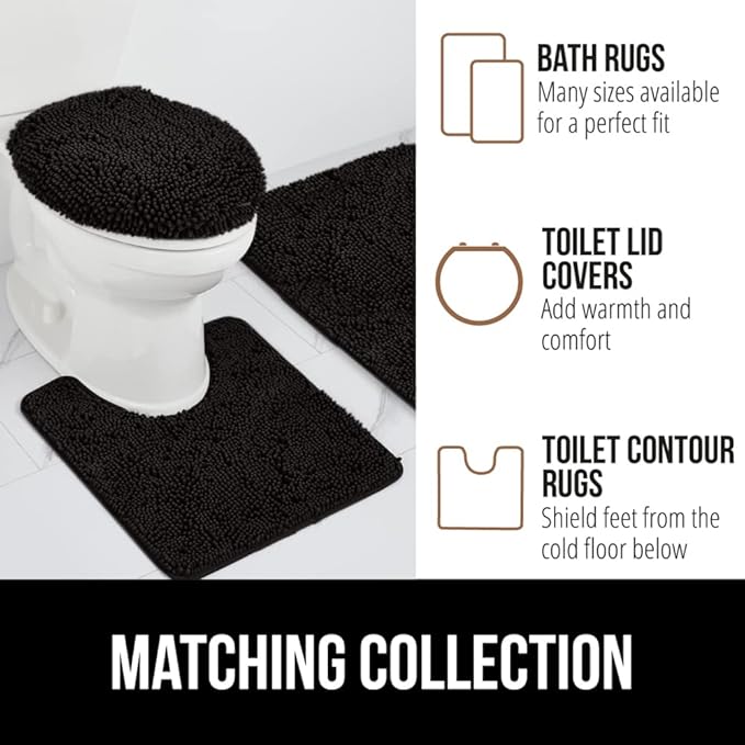 GORILLA GRIP Bathroom Rug Sets, Soft Chenille 2 Piece Area Rugs Set, Toilet Base Mat and 30x20 Carpet, Absorbent Microfiber Washable Mats Dry Quickly, Home Décor and Bath Room Accessories, Black