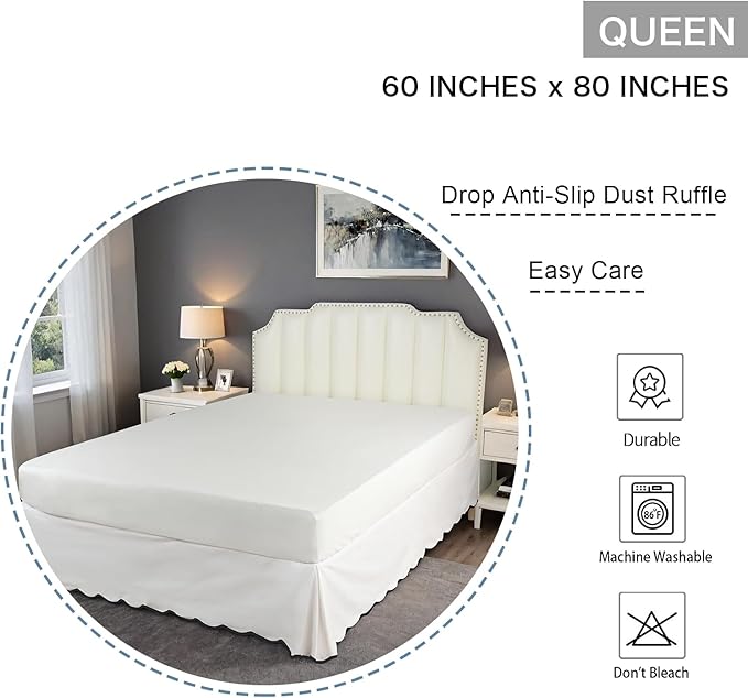 HIG Off-White Chic Queen Bed Skirt - Easy Fit Scallop Edge Pleated Bedskirts, 14 Inch Drop Anti-Slip Dust Ruffle, Thick Fabric for Enhanced Privacy, Pre-Washed for Long-Lasting Use(N60022)