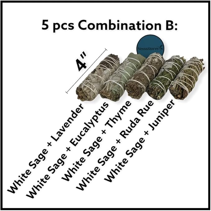 NESSASTORES - White Sage Mixture Smudge Sampler Kit 4" Bundles #JC-230 (3 Kits, 5 pcs Combination B)