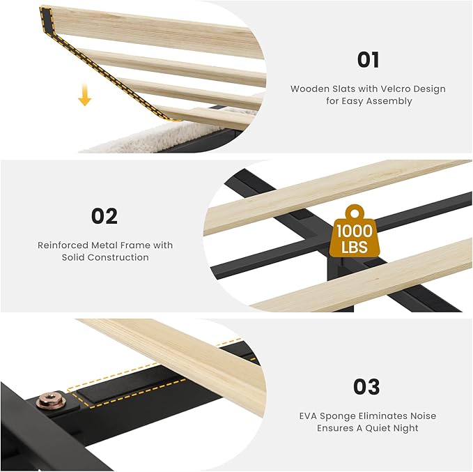 VIAGDO Queen Bed Frame with Storage Headboard and Charging Station, Boucle Upholstered Bed Frame Queen Size with 4 Drawers and LED Lights, Type C and USB, No Box Spring Needed, Cream White