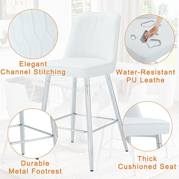 Bar Stools Set of 2, Counter Height Bar Stools with Back and Footrest,27" Barstools with Faux Leather Seat and Black Metal Legs,Counter Stools for Kitchen Island,Pub,White Barstools