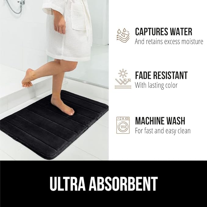 GORILLA GRIP Memory Foam Bath Mat, Soft Absorbent US Designed Bathroom Rug, Gripping Dots Machine Washable Bathmat, Cushioned Floor Mats, Shower Sink Rugs Room Décor Accessories, 24x17 Black