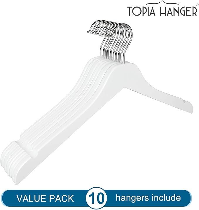 TOPIA HANGER White Wooden Hangers 10 Pack, 0.28 inch Slim Wood Clothes Hanger with Flat Design and Smooth Notches, Lightweight&Durable Space Saving Hangers for Shirt, Coat, Camisole-CT29W