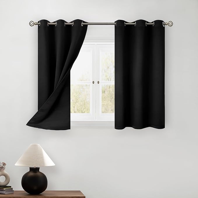 BGment Short Black Blackout Curtains 40 Inch Length 2 Panels, Thermal Insulated Total Light Blocking Curtains for Bedroom, Grommet Window Drapes with Thick Black Liner, 42 Inch Wide Each Panel
