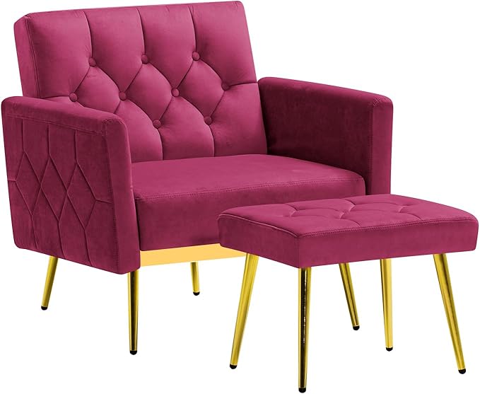 Velvet Accent Chair w/Adjustable Armrests and Backrests, Tufted Single Sofa with Ottoman, Upholstered Reading Chiar for Living Room, Apartment, Bedroom, Fuchsia