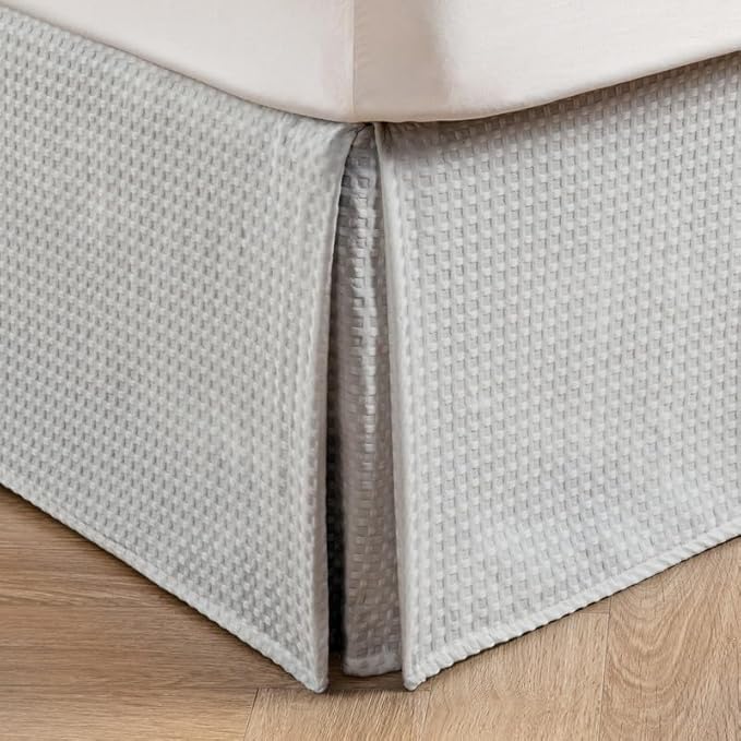 MIYE Pleated Waffle Weave Bed Skirt, Tailored Dust Ruffle 16 Inch Drop Easy Fit, Machine Washable (Light Grey, Queen - 16" Drop)