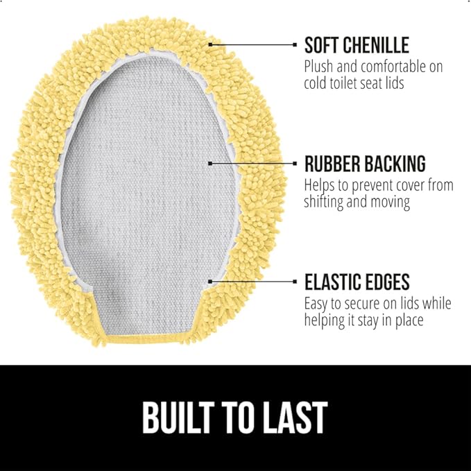 GORILLA GRIP Soft Chenille Bathroom Toilet Lid Cover, Machine Washable Seat Covers, 19.5x18.5, Stays in Place Rubber Backing, Fits Most Round, Elongated and Oblong Lids, Accessories Decor, Yellow