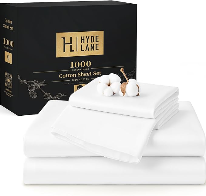Hyde Lane California King Sheets - 1000 Thread Count Luxury Cotton, Deep Pocket Fitted Sheet Set, Soft & Breathable Sateen Weave, Durable & Elegant Bedding (Natural White)
