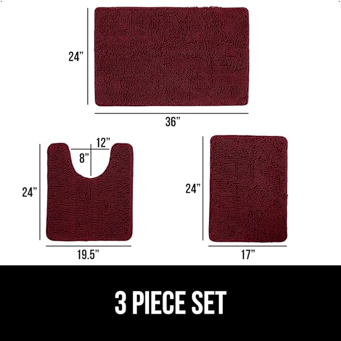 GORILLA GRIP Bathroom Rug Sets 3 Piece, Bath Mat Set and Oval Toilet Base with Rubber Backing, Plush Absorbent Shaggy Chenille Washable Mats, Includes 24x19.5, 24x17 and 36x24 Inch Rugs, Burgundy