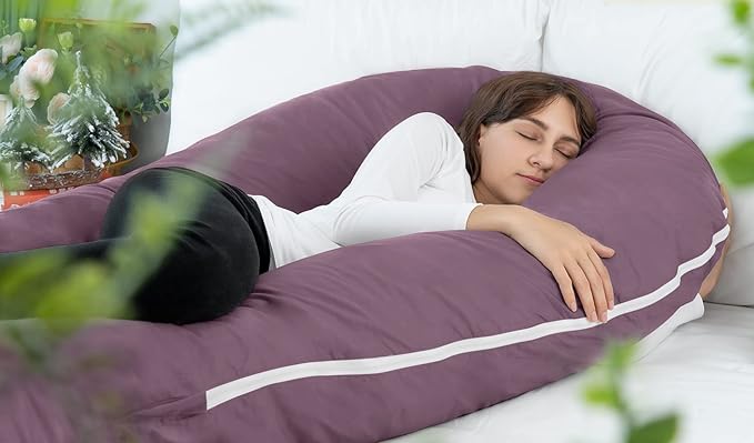 Meiz Pregnancy Pillow, Cooling Silky Pregnancy Pillows for Sleeping, 65" Maternity Pillow for Tall Pregnant Woman with Cooling Silk Jersey Cover, Purple