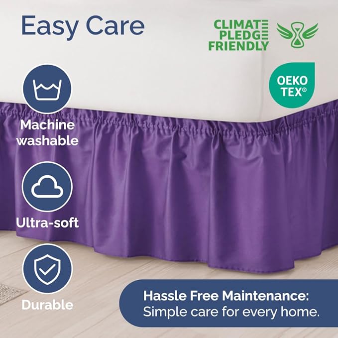 Wrap Around Dust Ruffle Bed Skirt - Purple - for Queen Size Beds with 21 Inch Drop - Easy Fit Elastic Strap - Adjustable Pleated Bedskirt w/Brushed Fabric Wrinkle Free - for Women, Men, Kids & Teens
