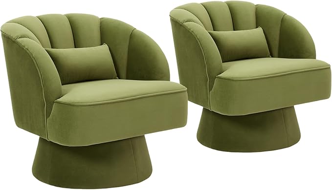 GarveeHome Modern Swivel Barrel Accent Chair, 360 Degree Velvet Upholstered Armchair with Striped Backrest & Plush Padding, Comfy Round Lounge Chair for Living Room, Bedroom, Reading Nook, Green 2 PCS