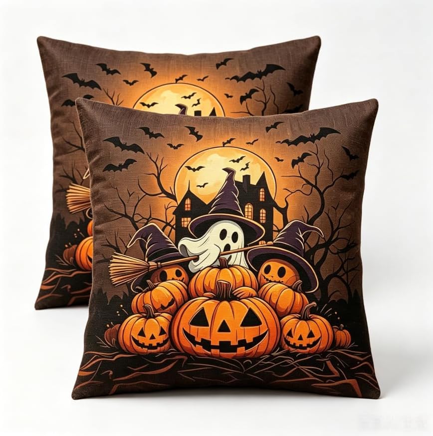 Halloween Throw Pillow Covers, 18x18 Inch, Ghost Pumpkin and Bat Design by Unknown