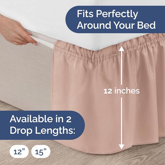 Wrap Around Dust Ruffle Bed Skirt - Mauve - for King Size Beds w/ 12 Inch Drop - Easy Fit Elastic Strap - Adjustable Pleated Bedskirt w/Brushed Fabric - Wrinkle Free - for Women, Men, Kids & Teens