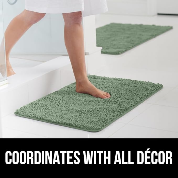 GORILLA GRIP Bathroom Rug Sets 3 Piece, Bath Mat Set and Oval Toilet Base with Rubber Backing, Plush Absorbent Shaggy Chenille Washable Mats, Includes 24x19.5, 24x17 and 30x20 Inch Rugs, Sage