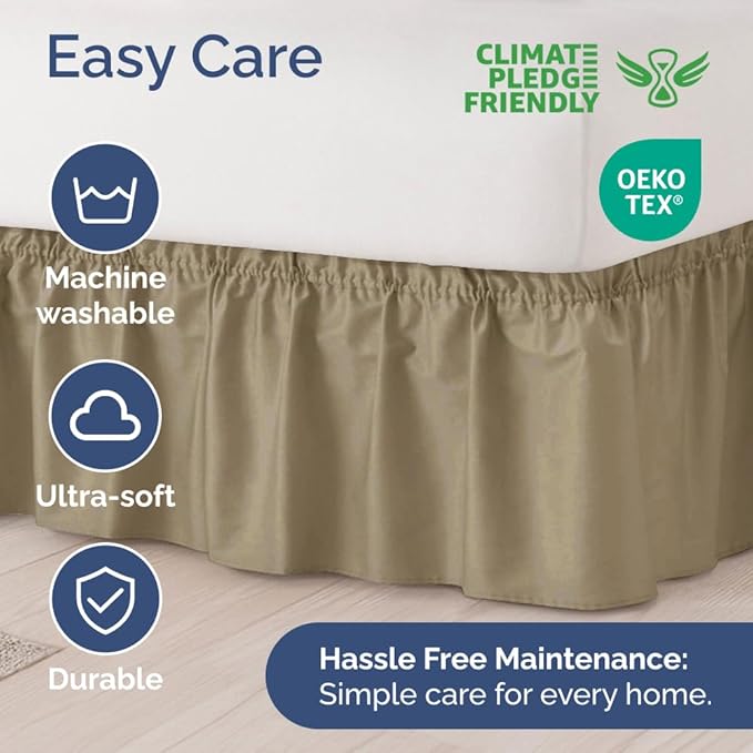 Wrap Around Dust Ruffle Bed Skirt - Khaki - for Queen Size Beds w/ 15 Inch Drop - Easy Fit Elastic Strap - Adjustable Pleated Bedskirt w/Brushed Fabric - Wrinkle Free - for Women, Men, Kids & Teens
